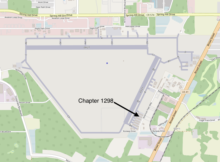 Map of Brooksville-Tampa Bay Regional Airport showing the Chapter 1298 hangar location along American Flyer Way